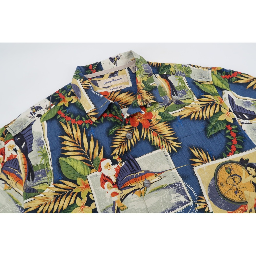 Tommy Bahama Button Down Shirt Mens Medium Silk Christmas Postcard Santa Holiday